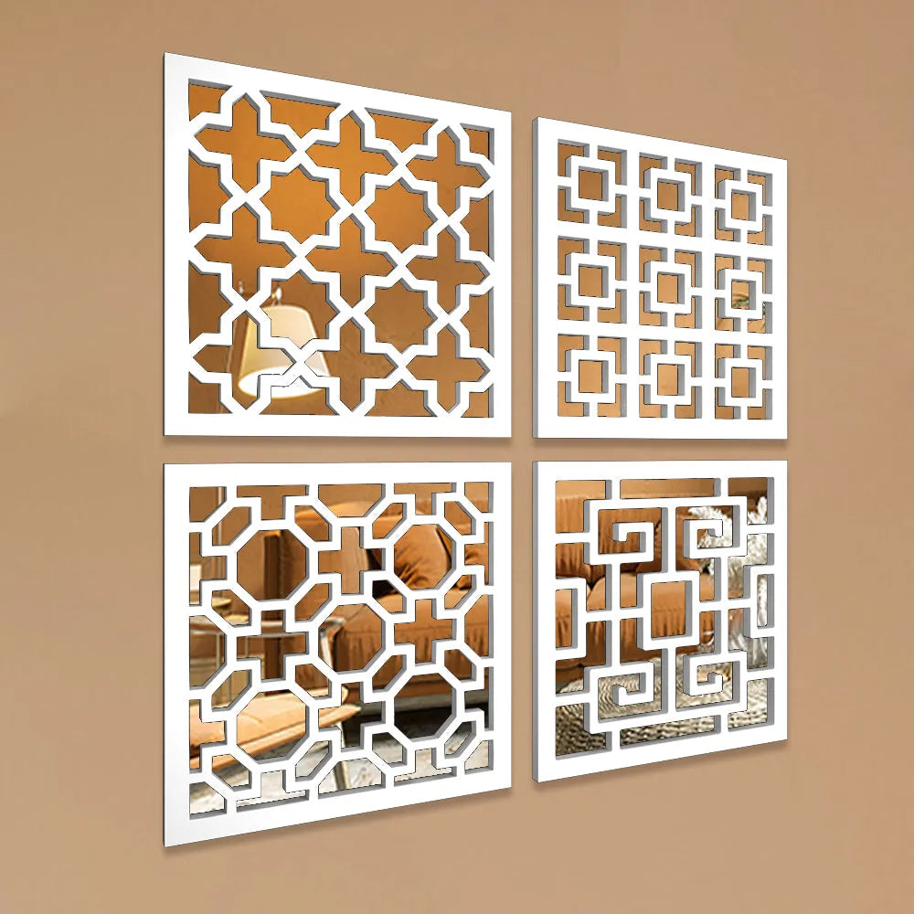 Royal Intricate Pattern Wooden Mirror Wall Art Decorative Mirror- Set of 4