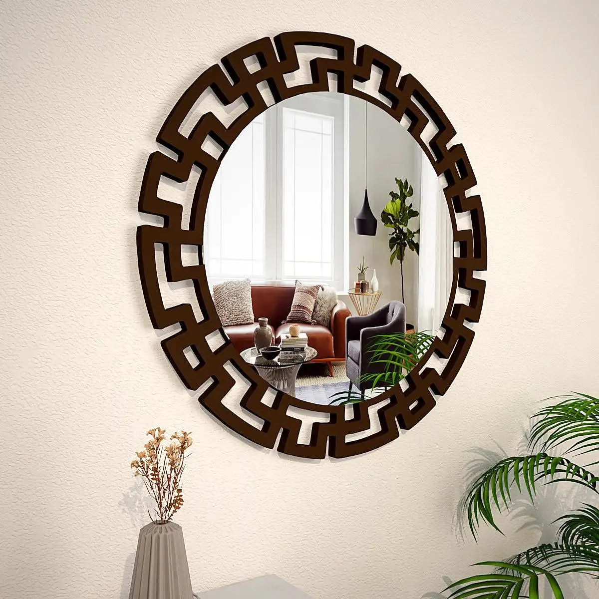 Modern Decorative Walnut Finish Round Vanity Mirror