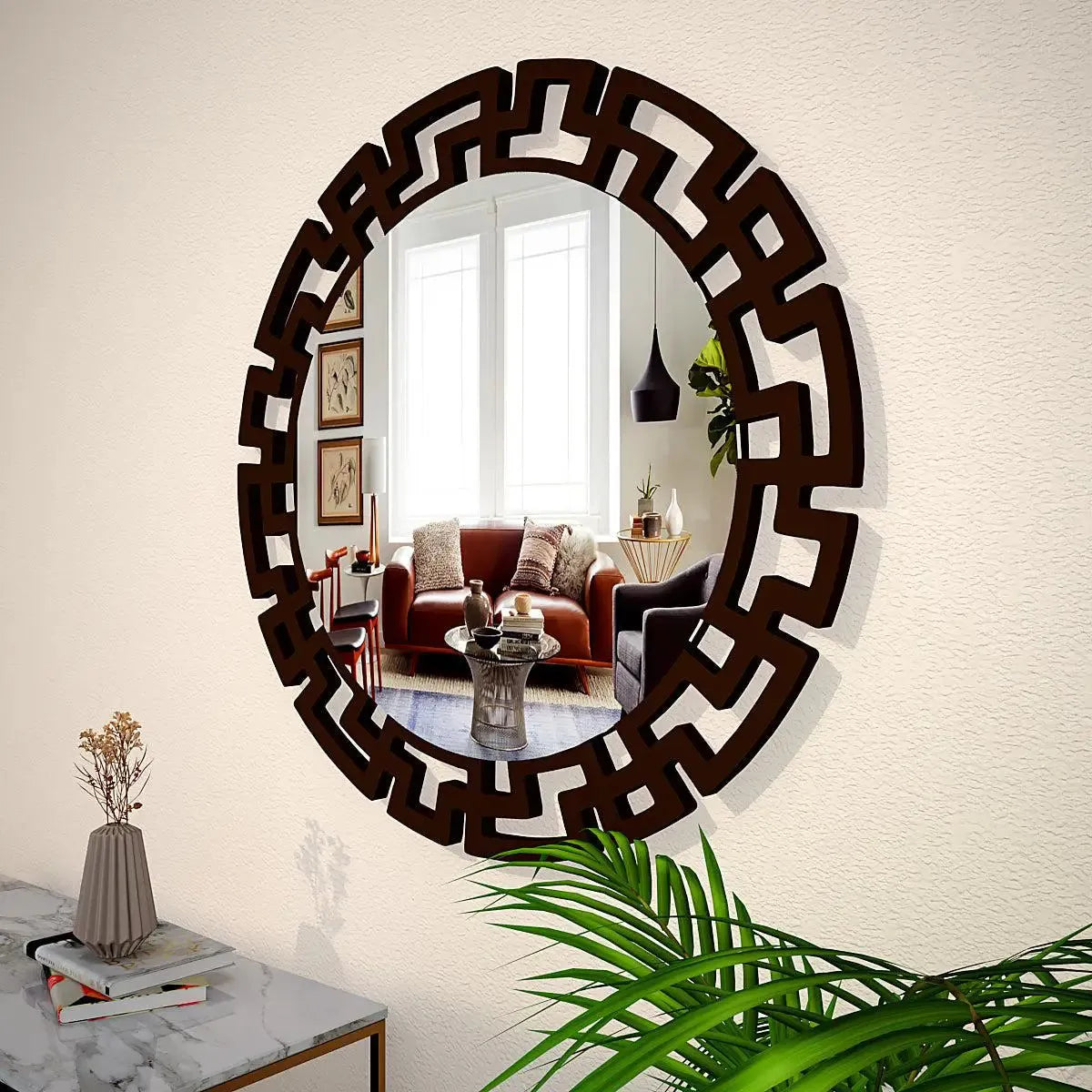 Modern Decorative Walnut Finish Round Vanity Mirror