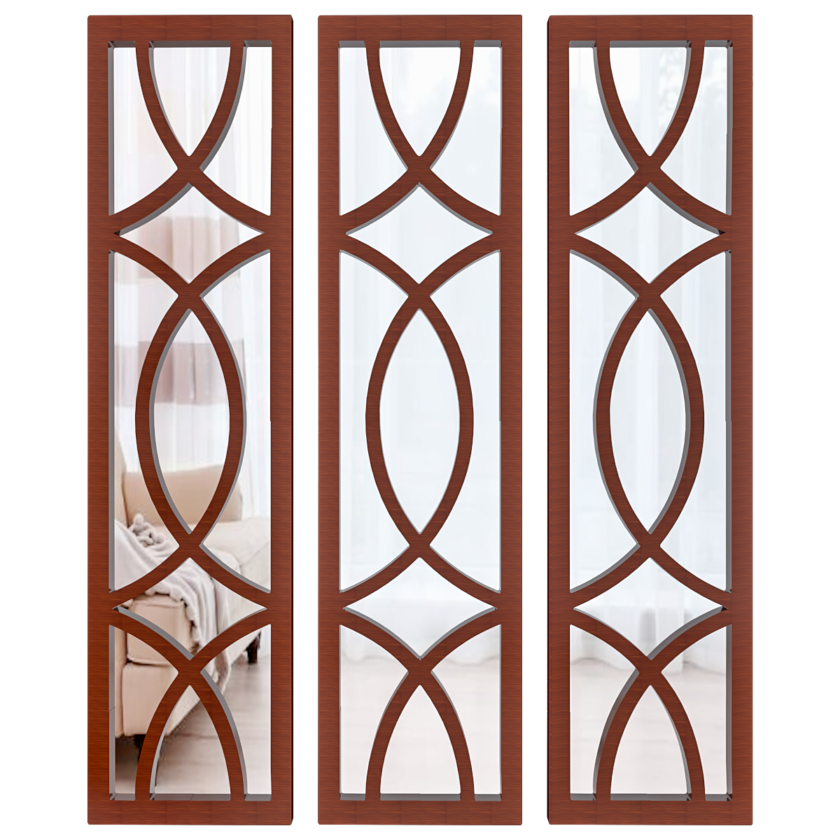 Premium Geometric Design Set of 3 Wooden Frame Wall Mirror / Decorative Wall Decor - Brown Finish