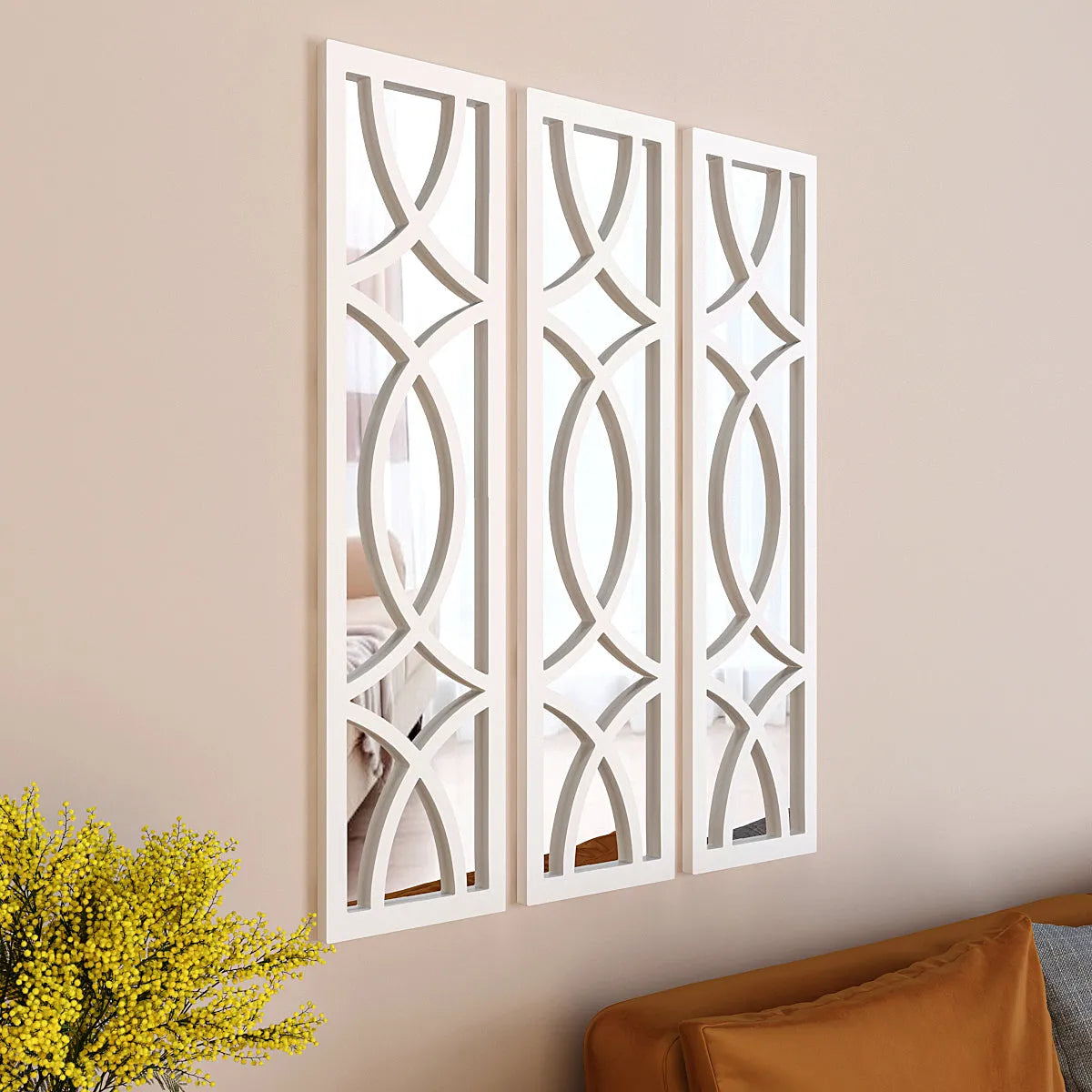 Premium Geometric Design Set of 3 Wooden Frame Wall Mirror / Decorative Wall Decor - Whit Finish