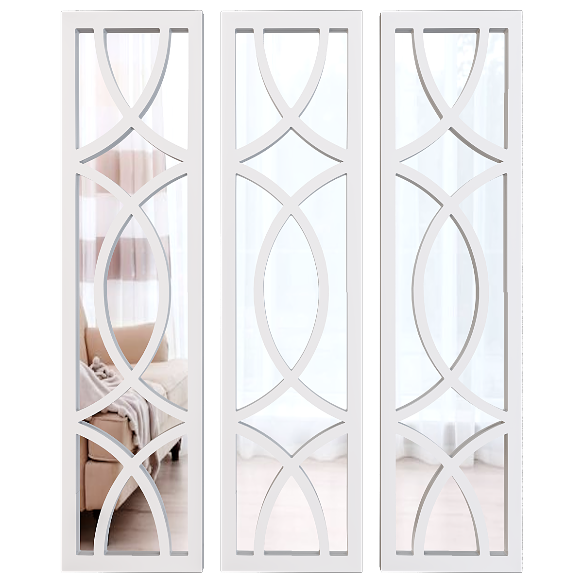 Premium Geometric Design Set of 3 Wooden Frame Wall Mirror / Decorative Wall Decor - Whit Finish