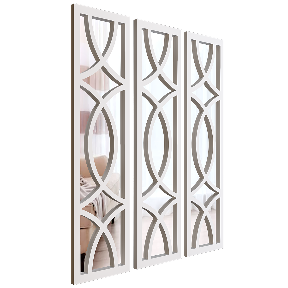 Premium Geometric Design Set of 3 Wooden Frame Wall Mirror / Decorative Wall Decor - Whit Finish