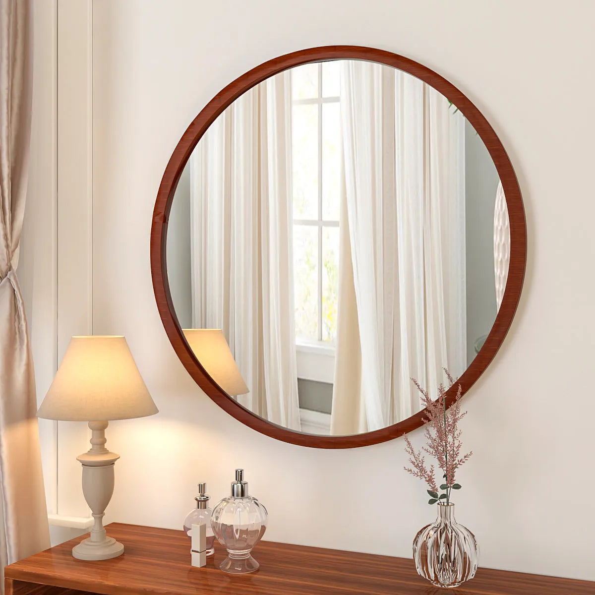 Minimalist Walnut (Brown) Finish Wooden Round Wall Mirror