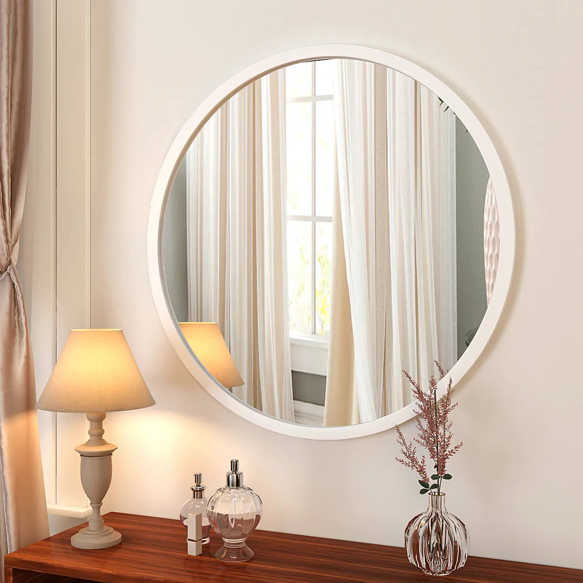 Minimalist White Finish Wooden Round Wall Mirror
