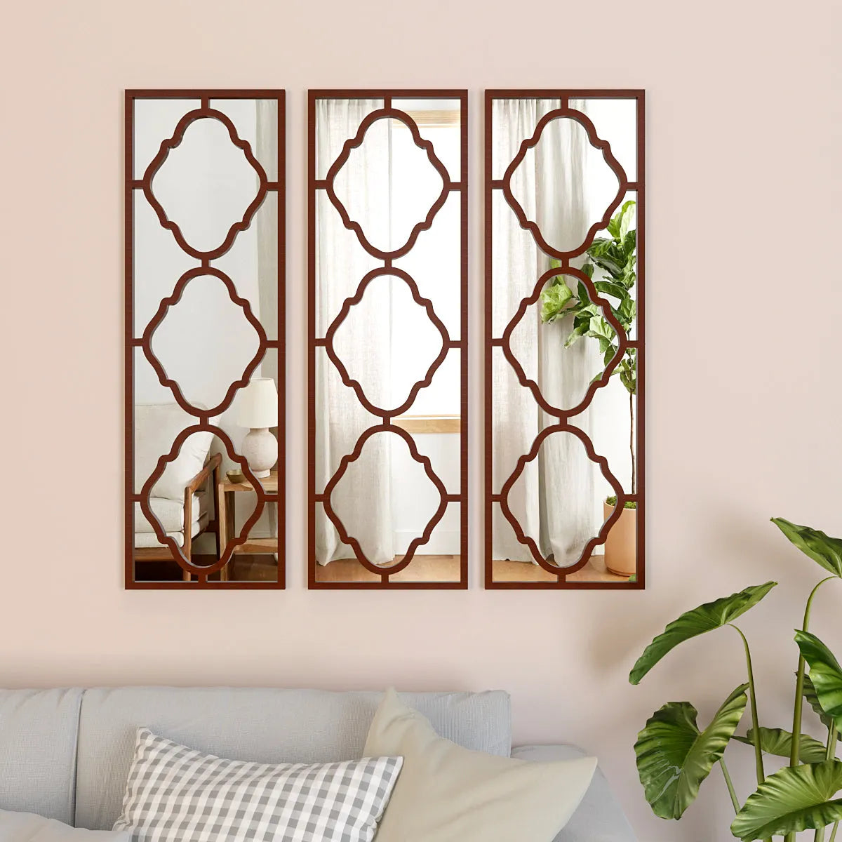 Set of 3 Moroccan Wooden Frame Decorative Wall Mirror / Wall Art Decor - Walnut Brown Finish