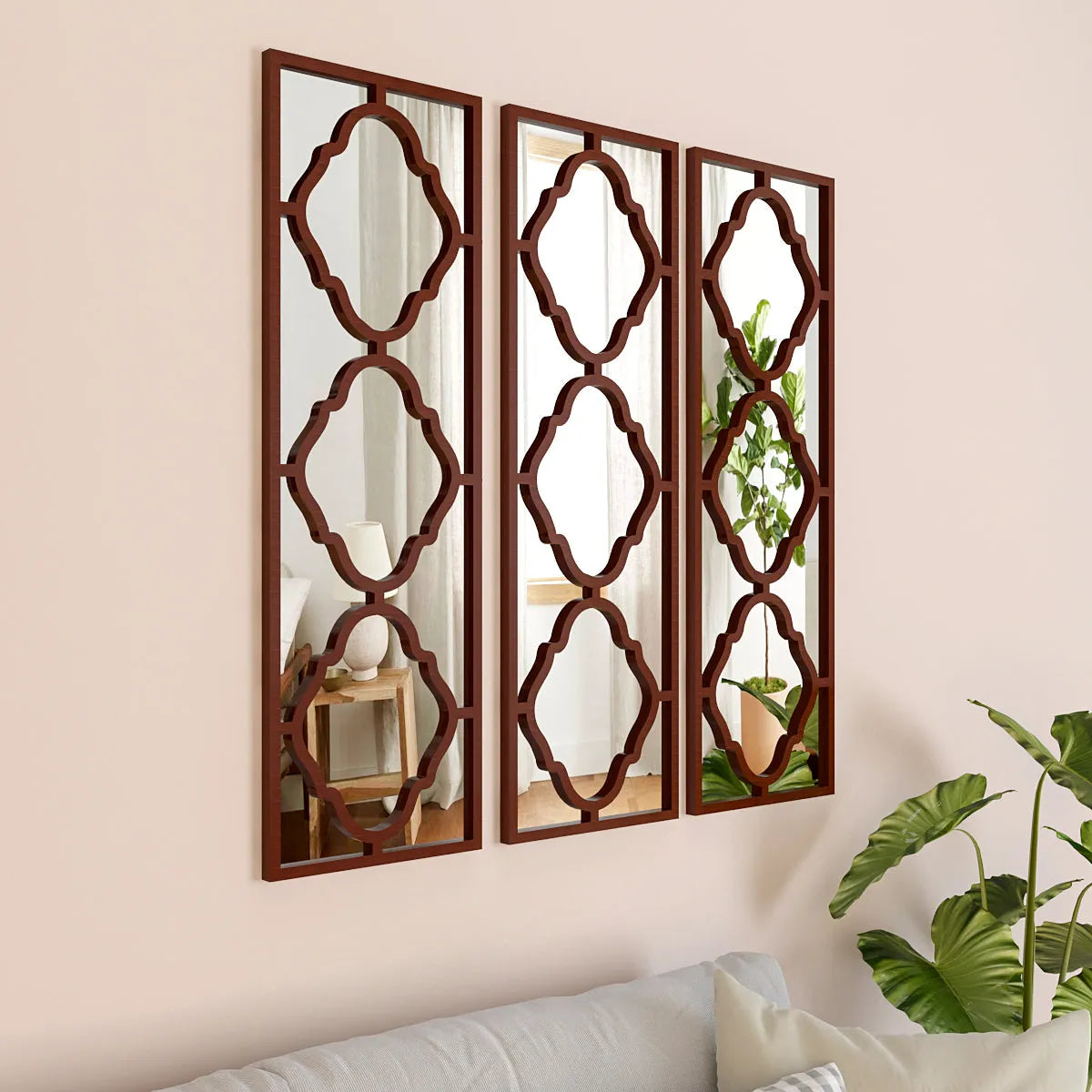 Set of 3 Moroccan Wooden Frame Decorative Wall Mirror / Wall Art Decor - Walnut Brown Finish