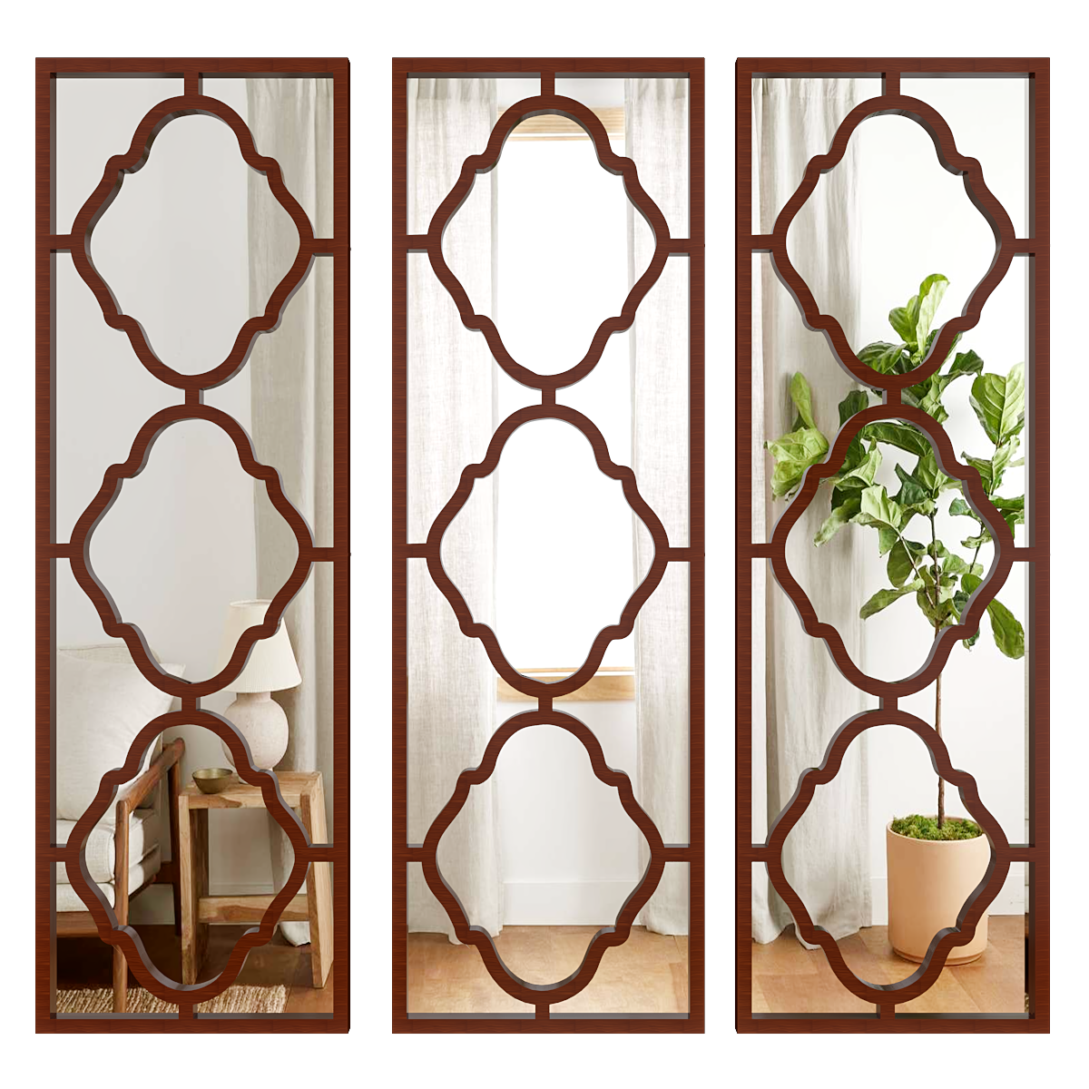 Set of 3 Moroccan Wooden Frame Decorative Wall Mirror / Wall Art Decor - Walnut Brown Finish