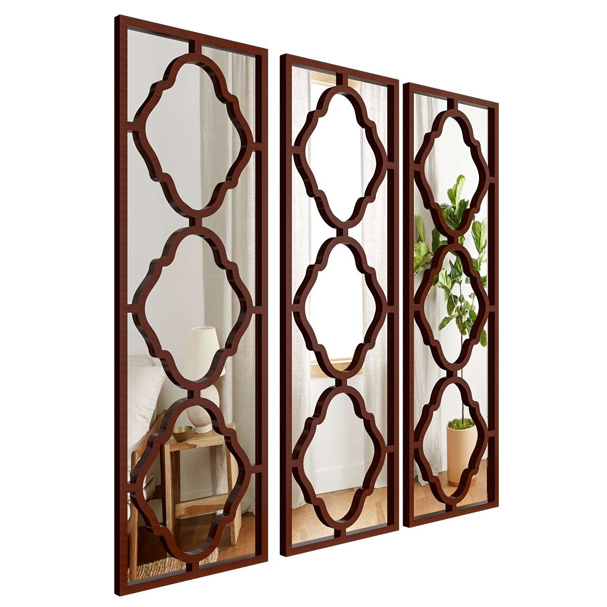 Set of 3 Moroccan Wooden Frame Decorative Wall Mirror / Wall Art Decor - Walnut Brown Finish