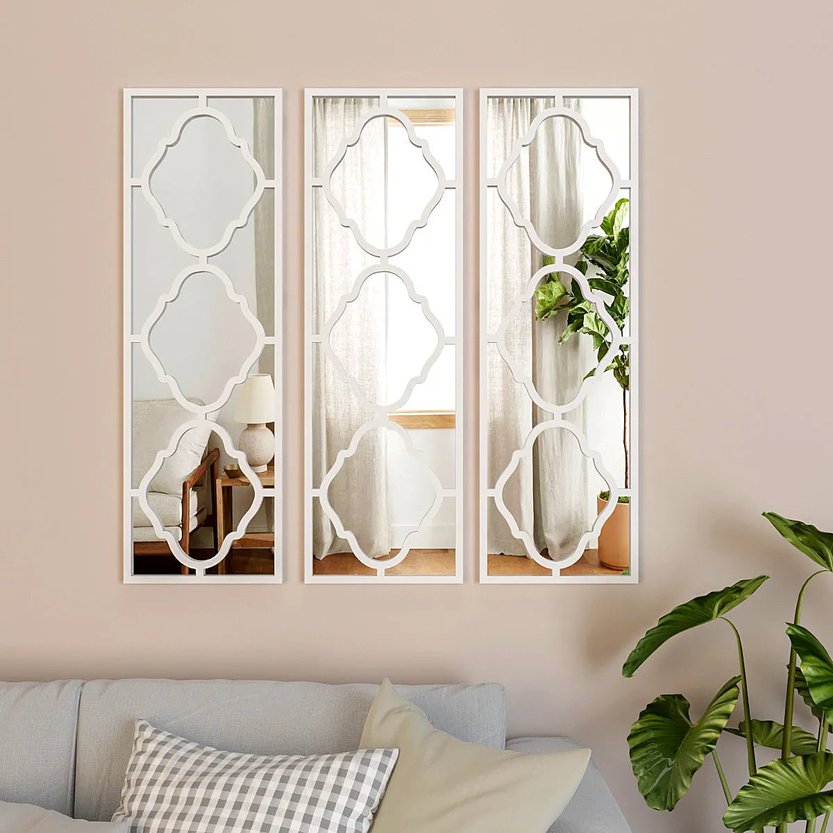Set of 3 Moroccan Wooden Frame Decorative Wall Mirror / Wall Art Decor - White Finish