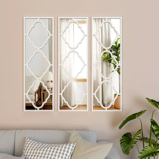 Set of 3 Moroccan Wooden Frame Decorative Wall Mirror / Wall Art Decor - White Finish