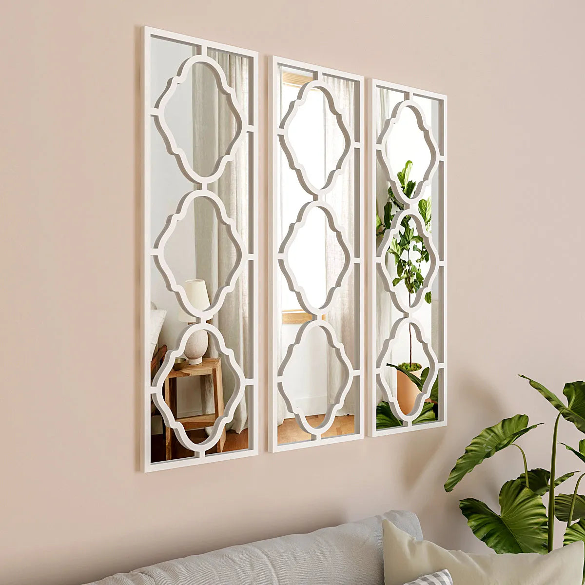 Set of 3 Moroccan Wooden Frame Decorative Wall Mirror / Wall Art Decor - White Finish