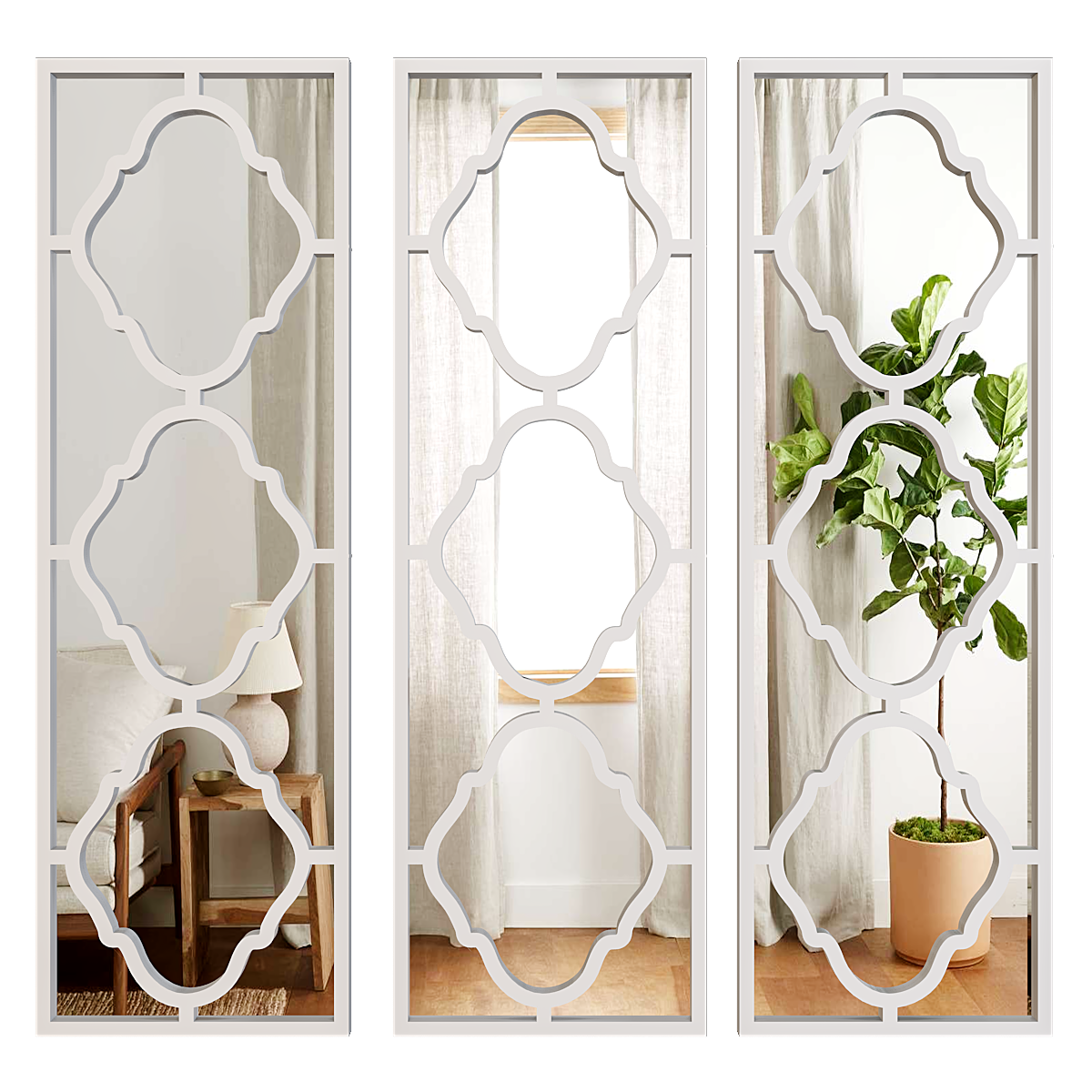 Set of 3 Moroccan Wooden Frame Decorative Wall Mirror / Wall Art Decor - White Finish