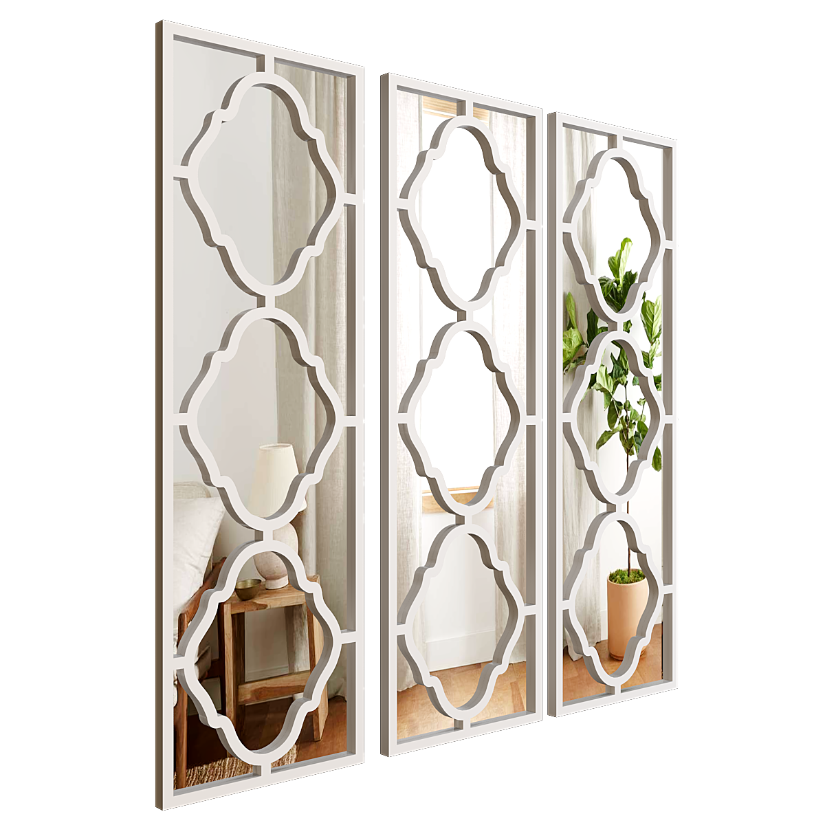 Set of 3 Moroccan Wooden Frame Decorative Wall Mirror / Wall Art Decor - White Finish