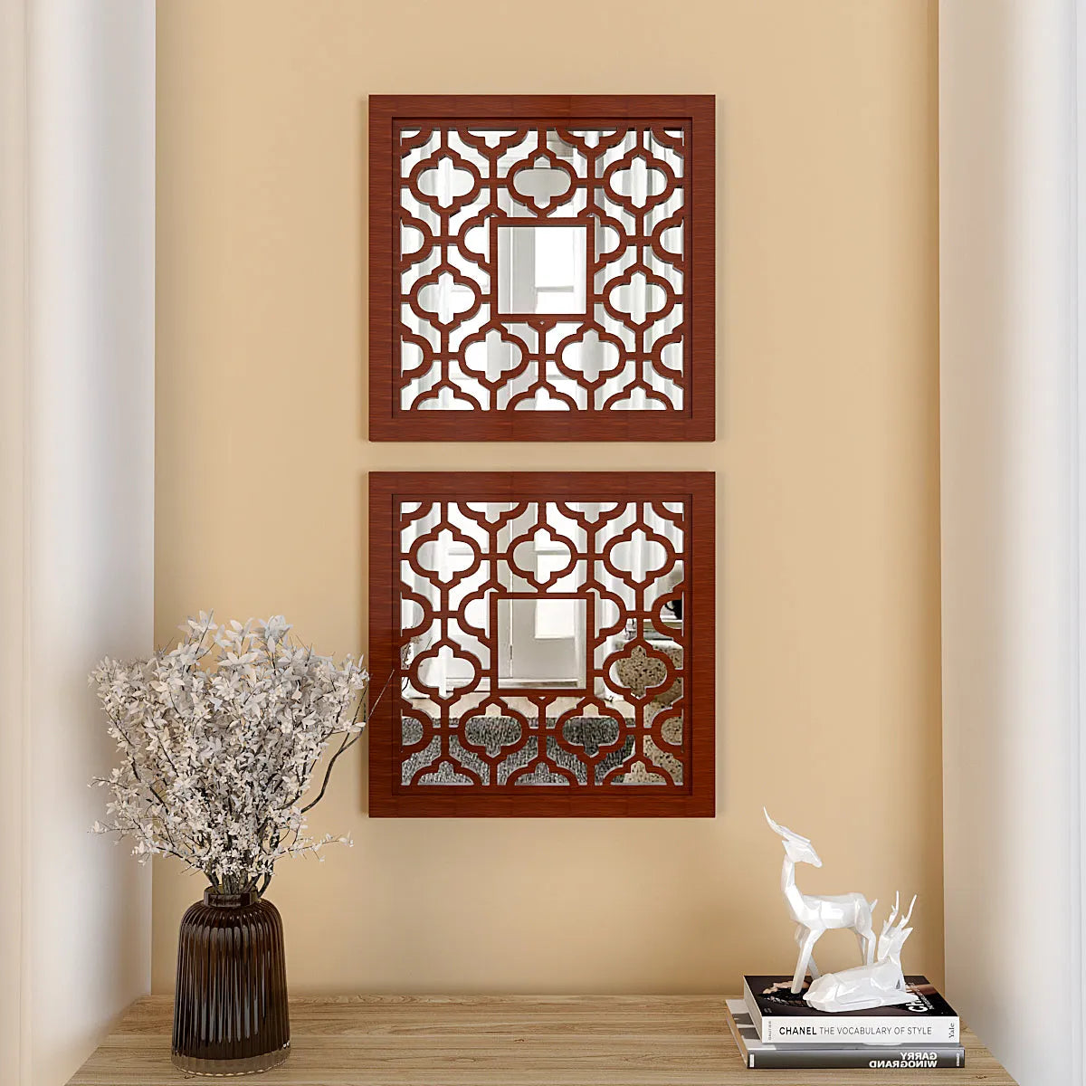 Set of 2 Wooden Frame Bohemian Style Decorative Wall Mirror - Brown Finish
