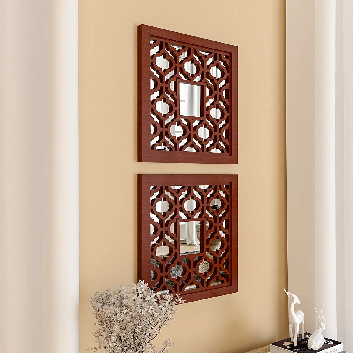 Set of 2 Wooden Frame Bohemian Style Decorative Wall Mirror - Brown Finish