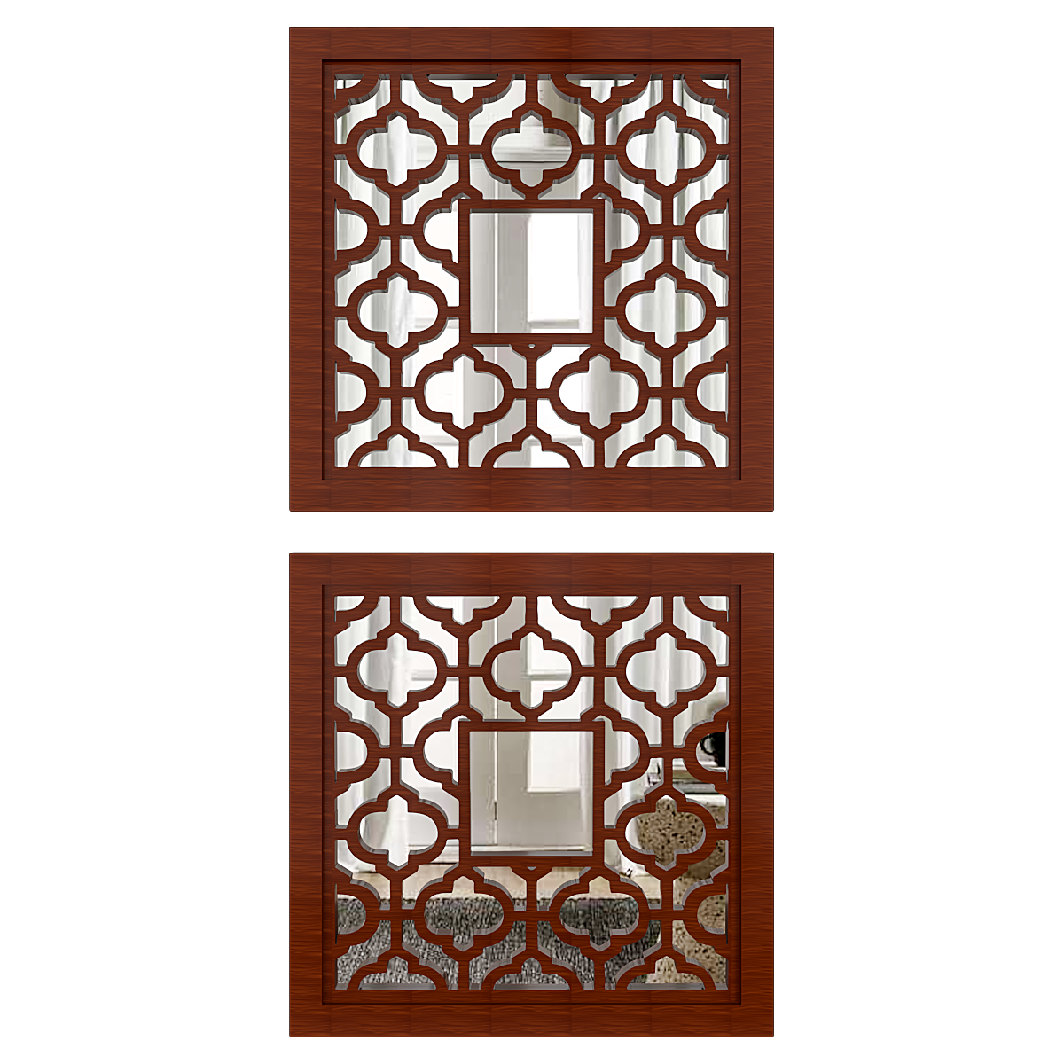 Set of 2 Wooden Frame Bohemian Style Decorative Wall Mirror - Brown Finish