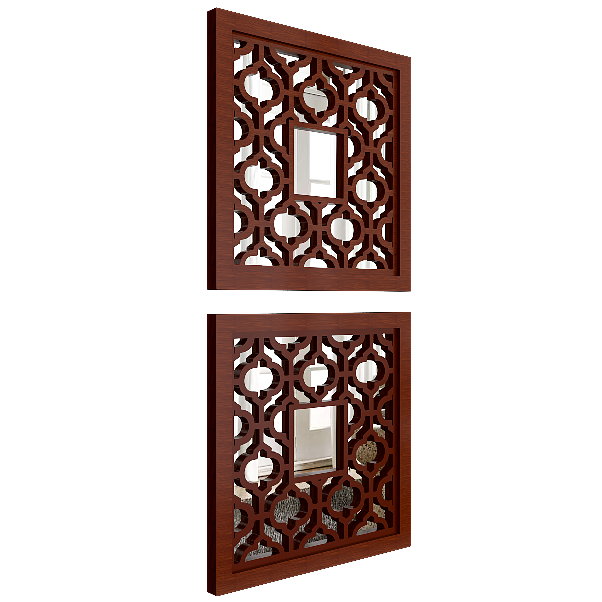 Set of 2 Wooden Frame Bohemian Style Decorative Wall Mirror - Brown Finish