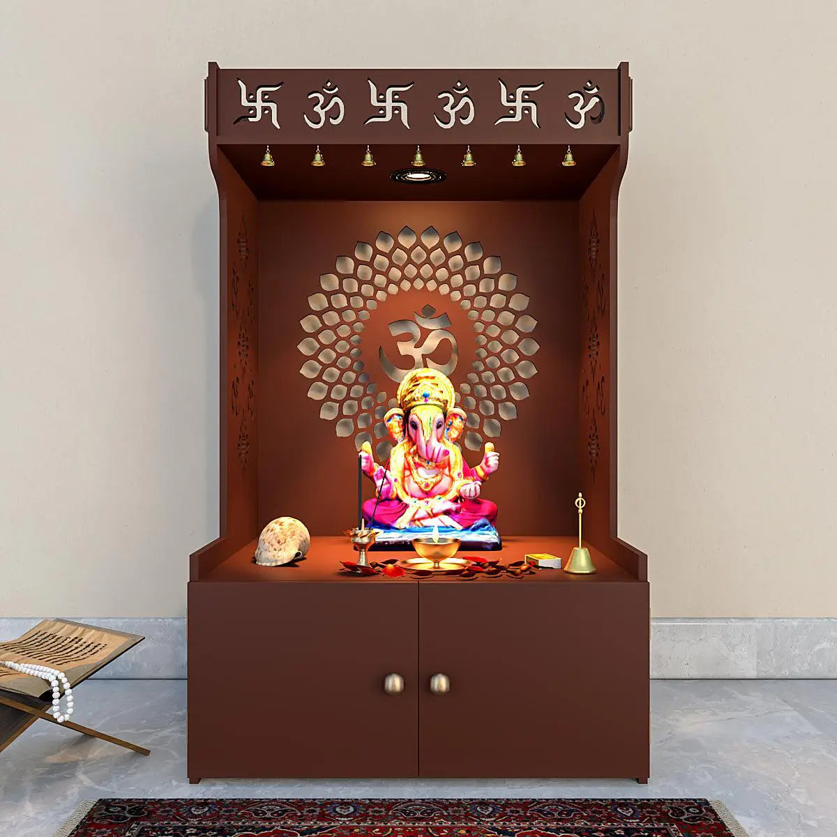 Eternal Om Chakra Wooden Temple with Spacious Shelf & Inbuilt Focus Light - Brown Finish