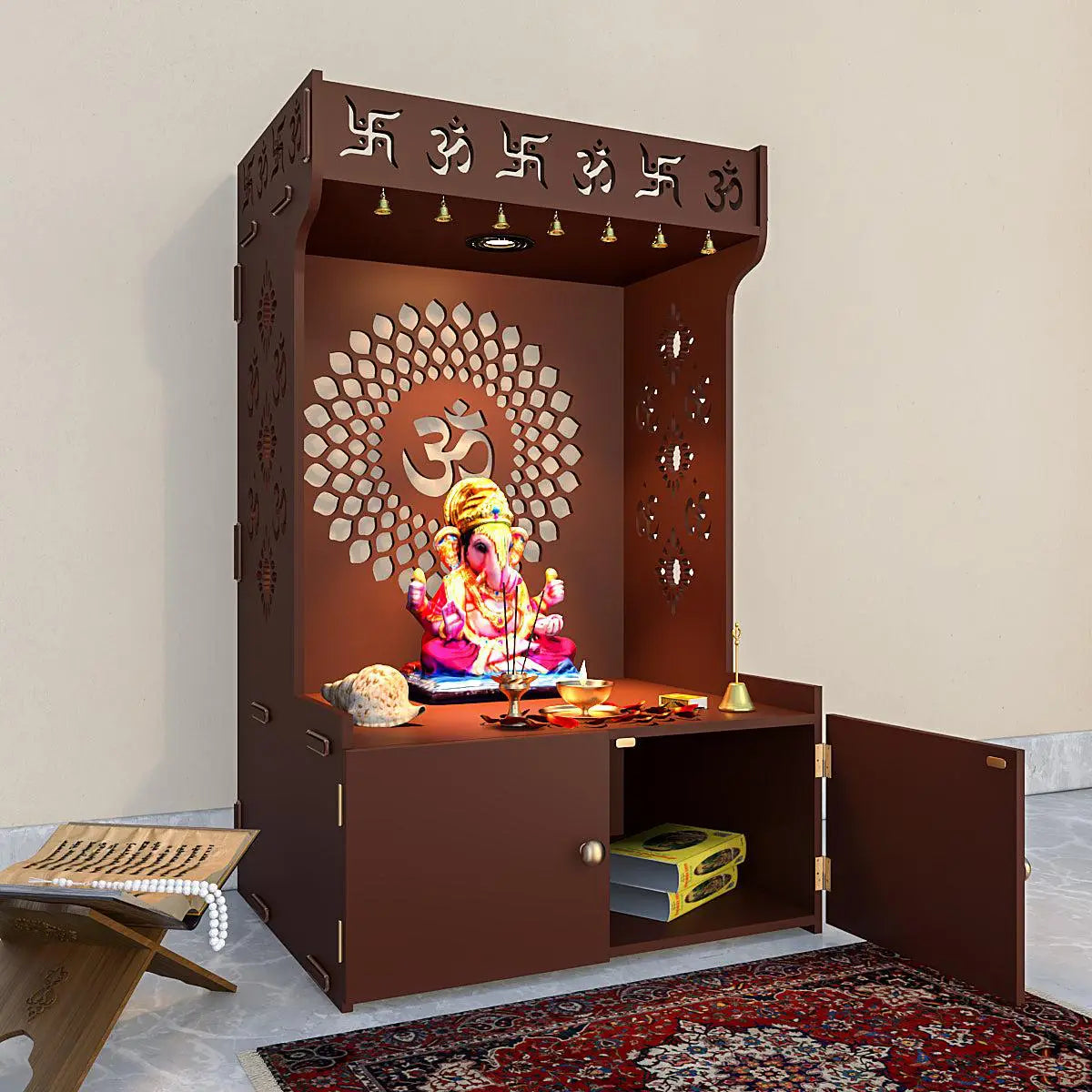 Eternal Om Chakra Wooden Temple with Spacious Shelf & Inbuilt Focus Light - Brown Finish
