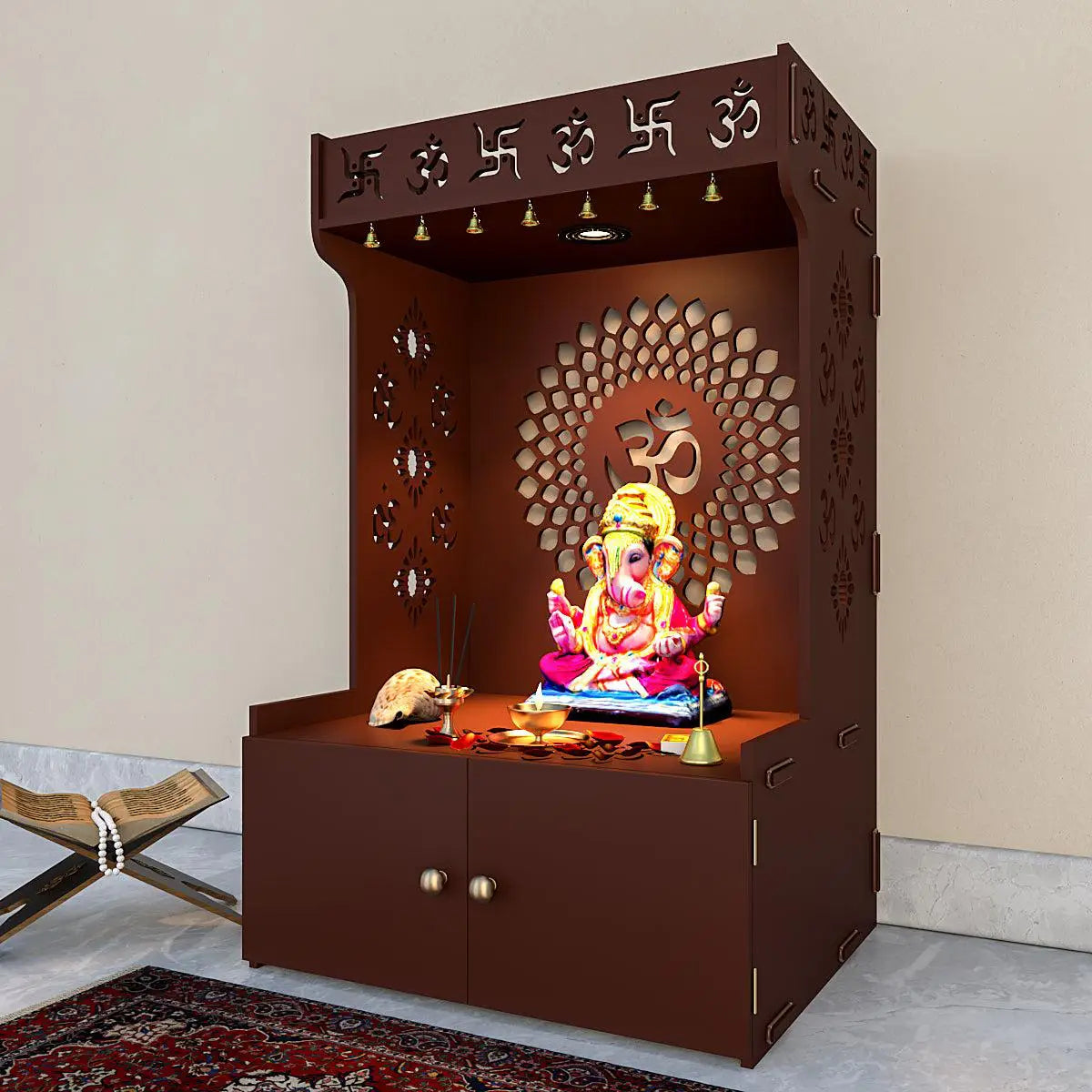 Eternal Om Chakra Wooden Temple with Spacious Shelf & Inbuilt Focus Light - Brown Finish