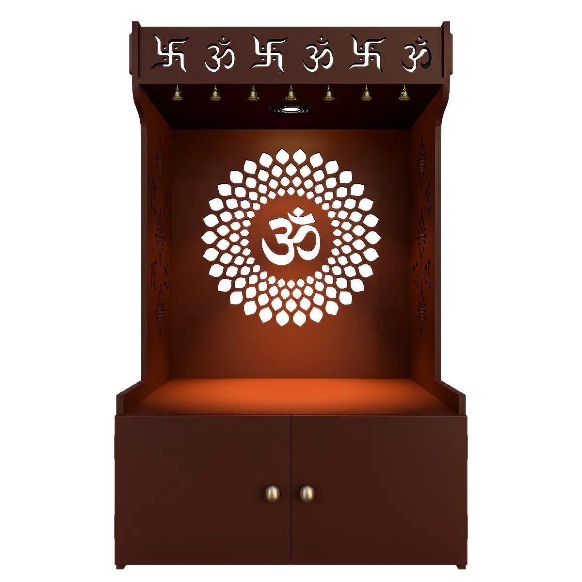 Eternal Om Chakra Wooden Temple with Spacious Shelf & Inbuilt Focus Light - Brown Finish