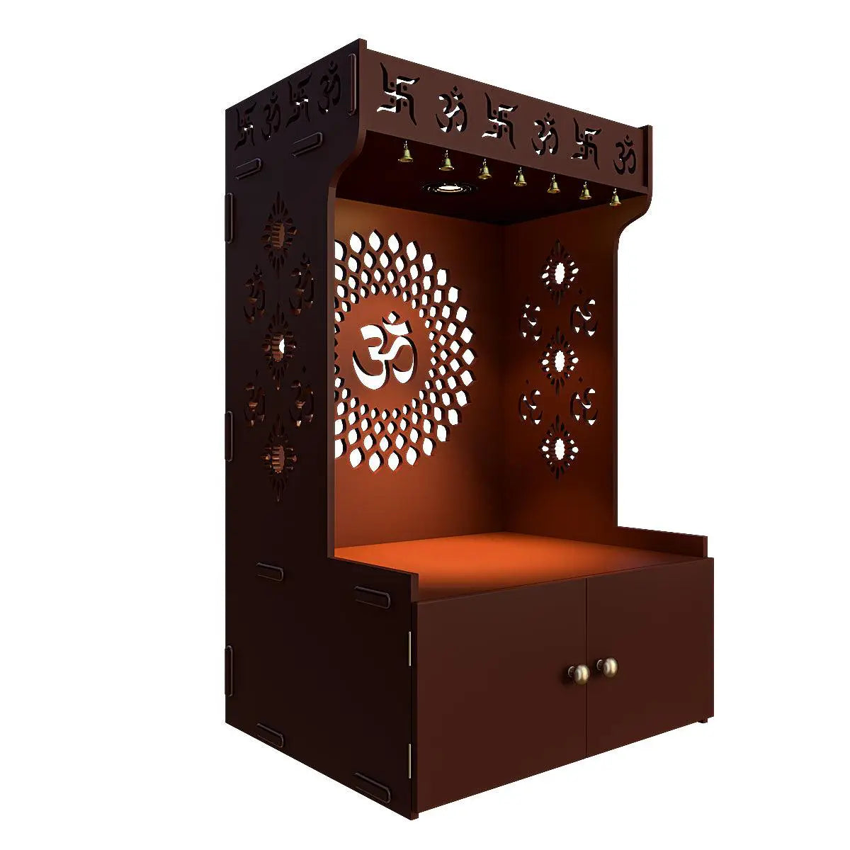 Eternal Om Chakra Wooden Temple with Spacious Shelf & Inbuilt Focus Light - Brown Finish