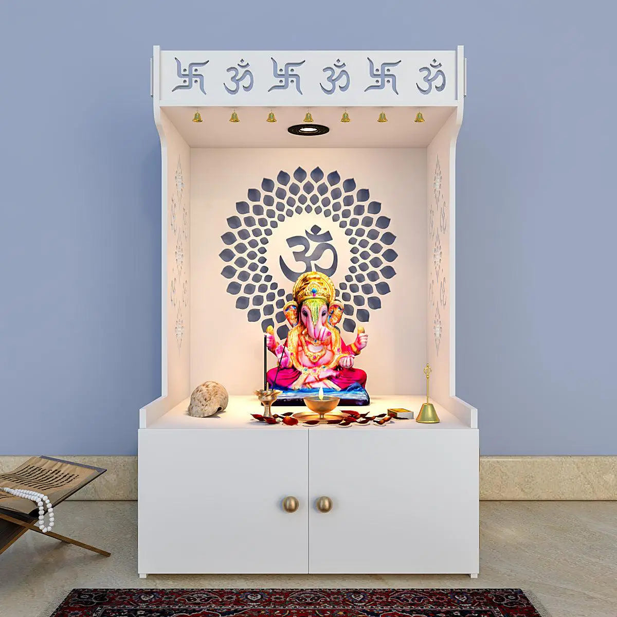 Eternal Om Chakra Wooden temple with Spacious Shelf & Inbuilt Focus Light - White Finish