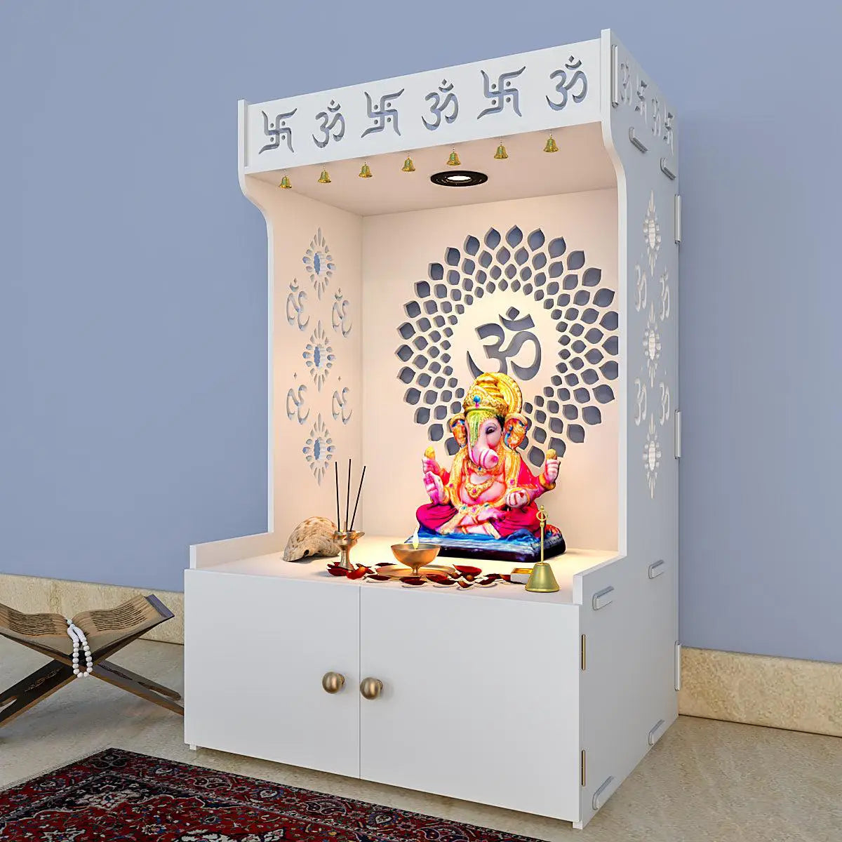 Eternal Om Chakra Wooden temple with Spacious Shelf & Inbuilt Focus Light - White Finish