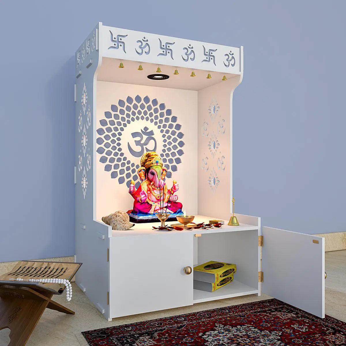 Eternal Om Chakra Wooden temple with Spacious Shelf & Inbuilt Focus Light - White Finish