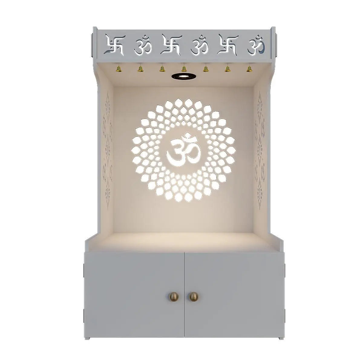 Eternal Om Chakra Wooden temple with Spacious Shelf & Inbuilt Focus Light - White Finish