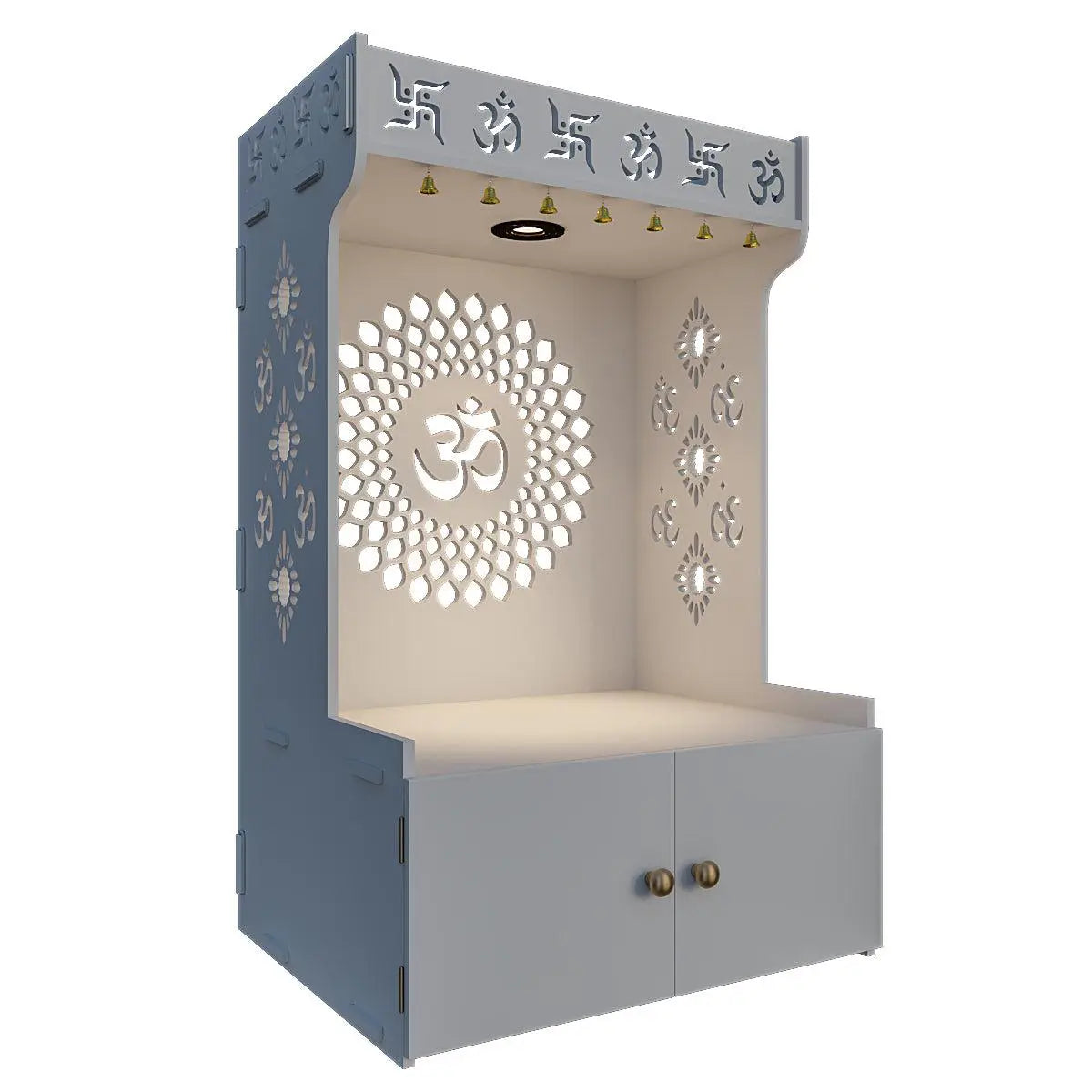 Eternal Om Chakra Wooden temple with Spacious Shelf & Inbuilt Focus Light - White Finish
