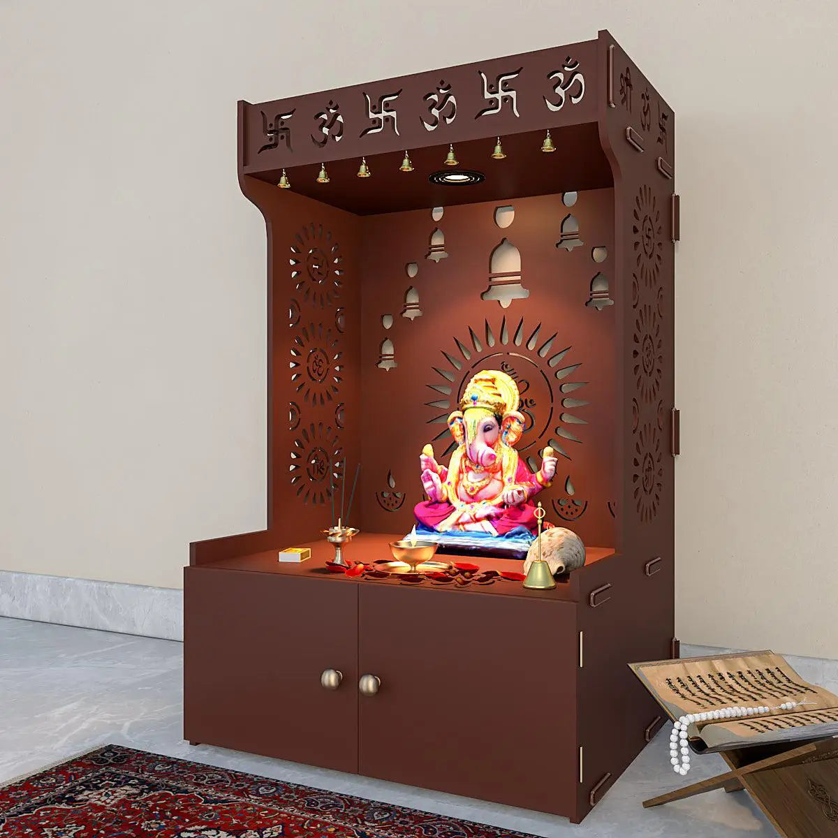 Divine Wooden Home Temple with Spacious Shelf & Inbuilt Focus Light - Brown Finish
