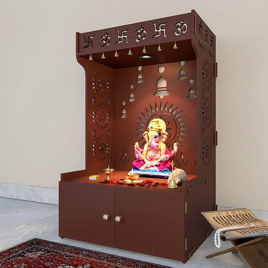 Divine Wooden Home Temple with Spacious Shelf & Inbuilt Focus Light - Brown Finish