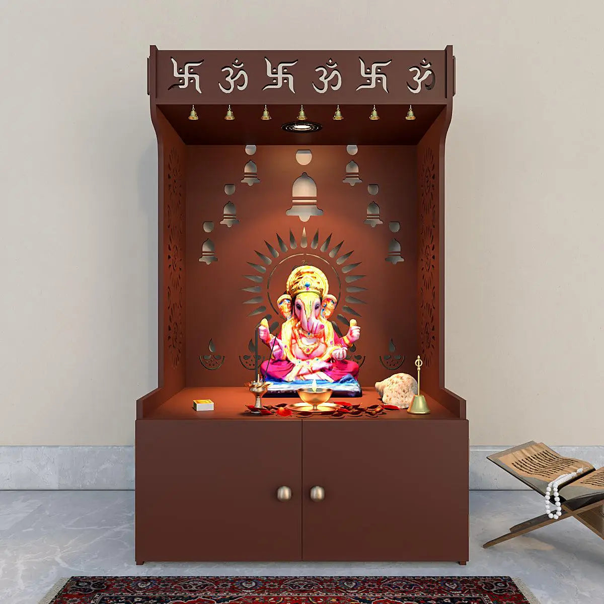 Divine Wooden Home Temple with Spacious Shelf & Inbuilt Focus Light - Brown Finish