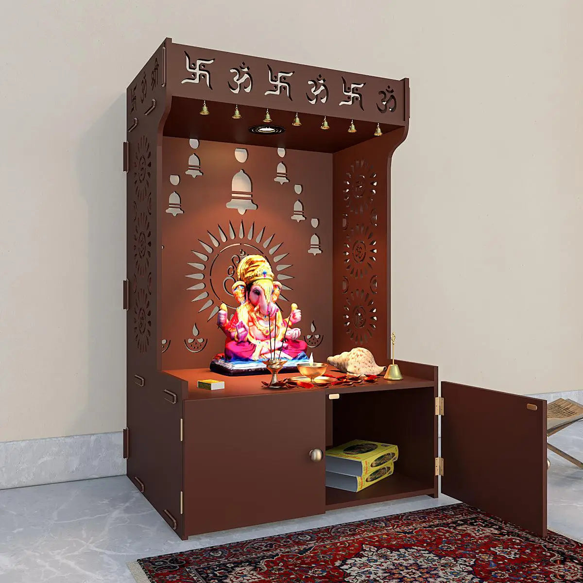 Divine Wooden Home Temple with Spacious Shelf & Inbuilt Focus Light - Brown Finish