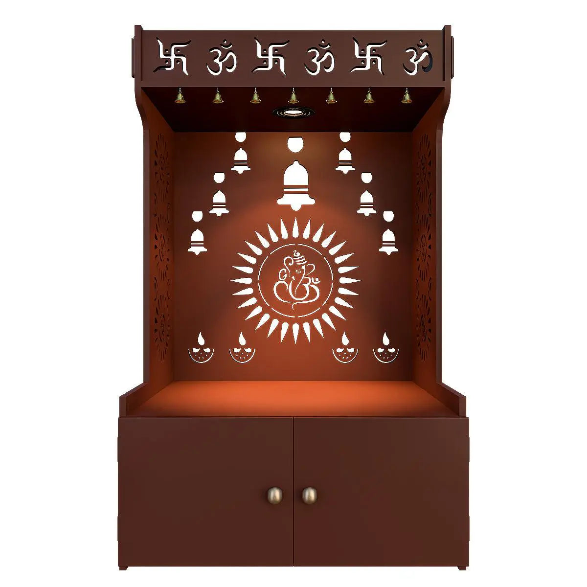 Divine Wooden Home Temple with Spacious Shelf & Inbuilt Focus Light - Brown Finish