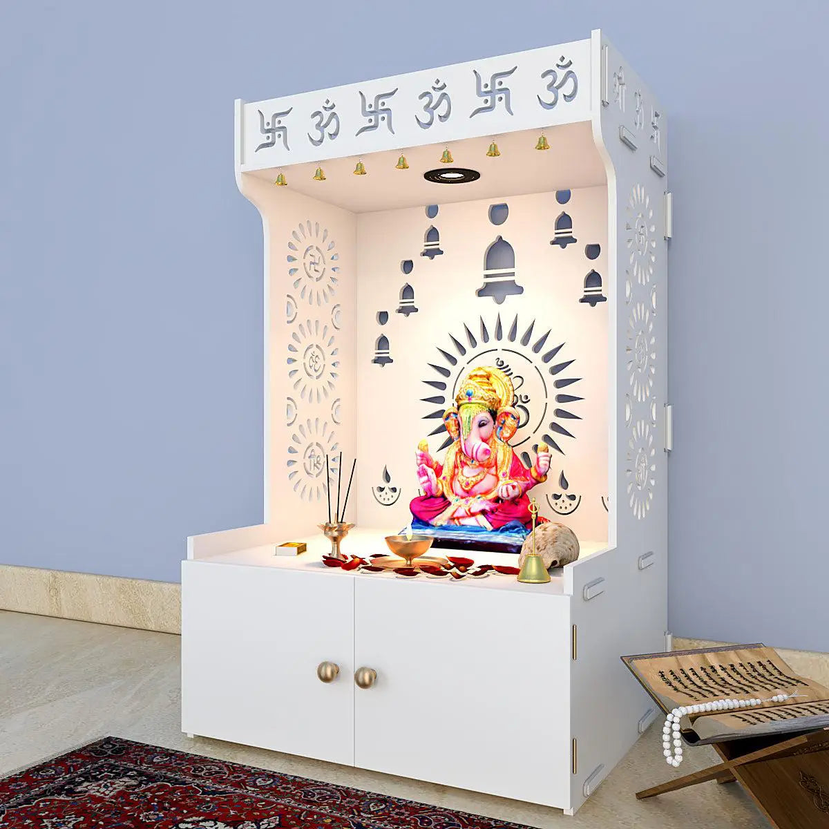 Divine Wooden White Home Temple  With Spacious Shelf & Inbuilt Focus Light