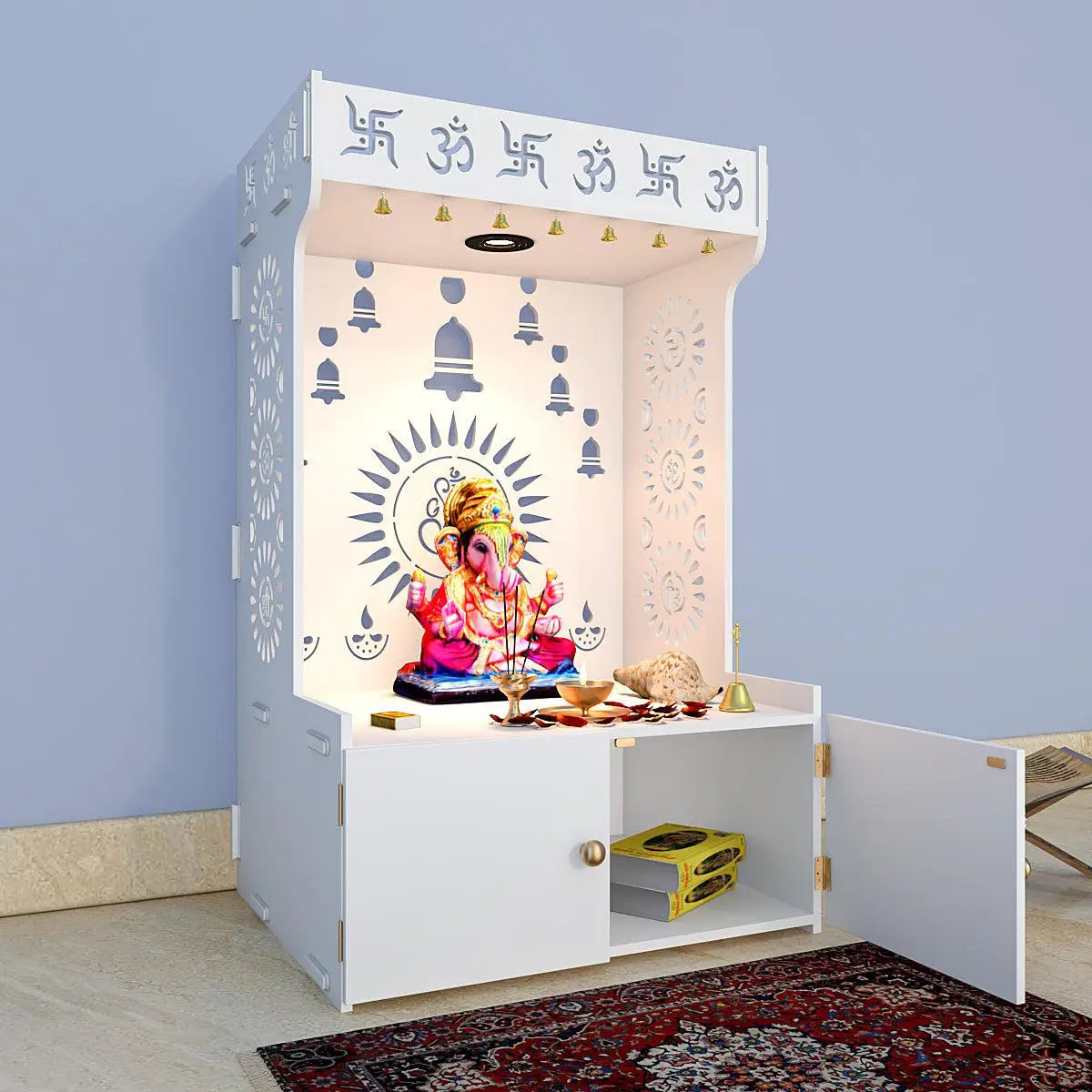 Divine Wooden White Home Temple  With Spacious Shelf & Inbuilt Focus Light