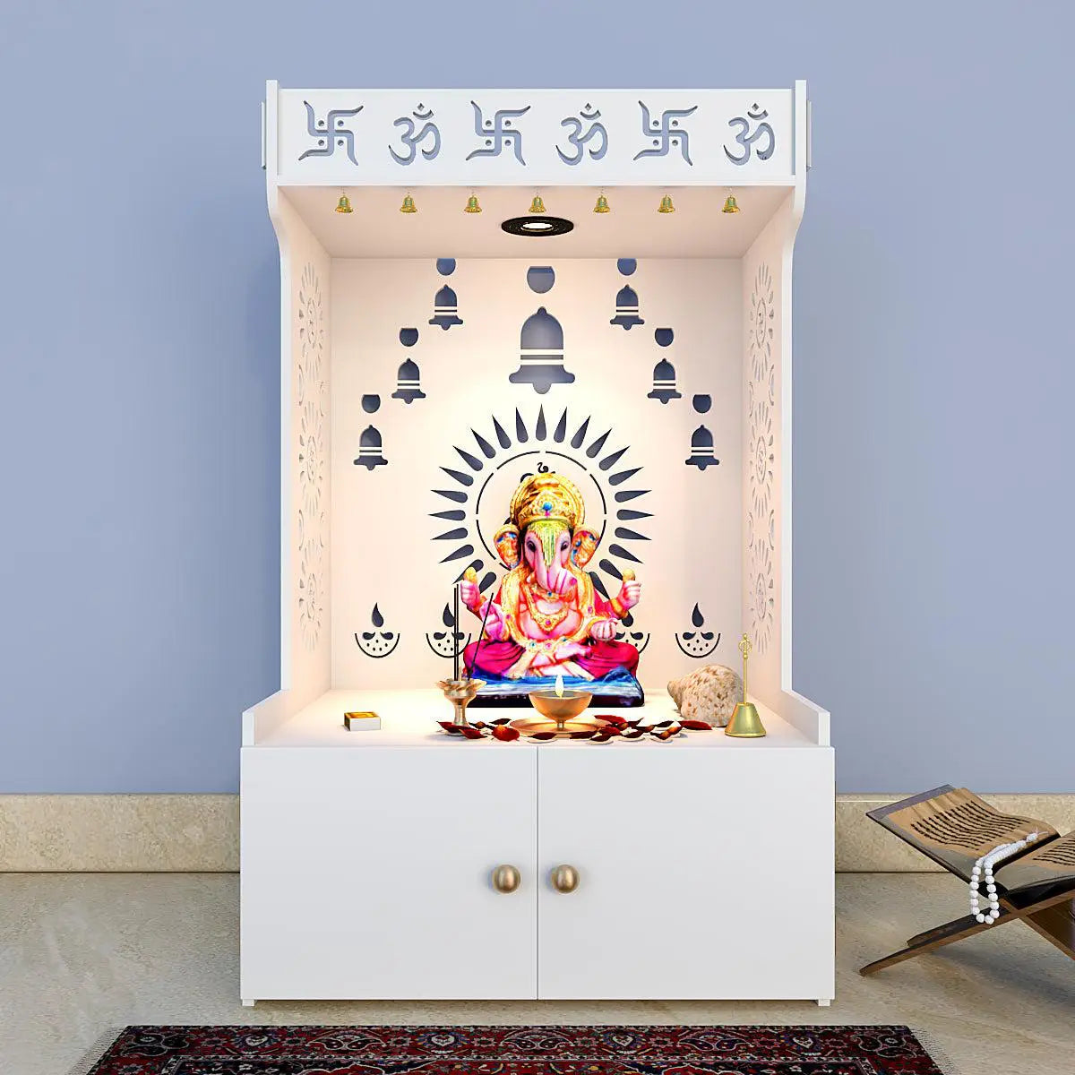 Divine Wooden White Home Temple  With Spacious Shelf & Inbuilt Focus Light