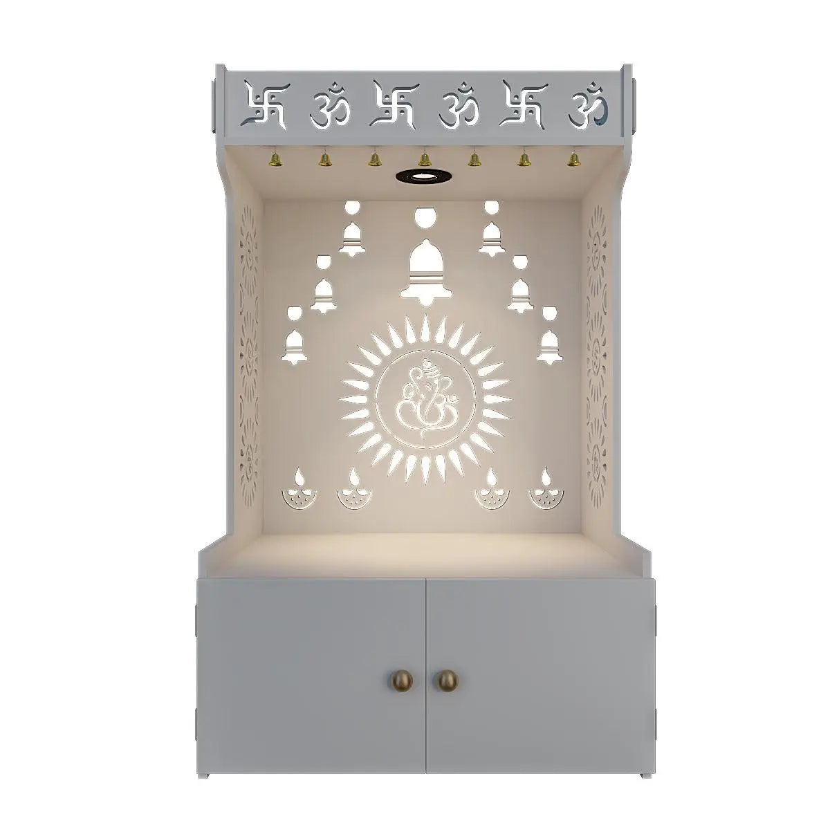 Divine Wooden White Home Temple  With Spacious Shelf & Inbuilt Focus Light