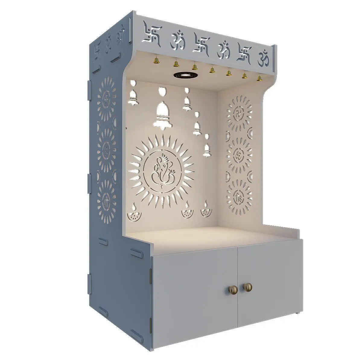 Divine Wooden White Home Temple  With Spacious Shelf & Inbuilt Focus Light