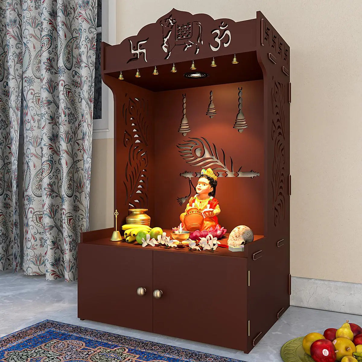 Gracious Mor Pankh Wooden Temple with Spacious Shelf & Inbuilt focus light - Brown FInish