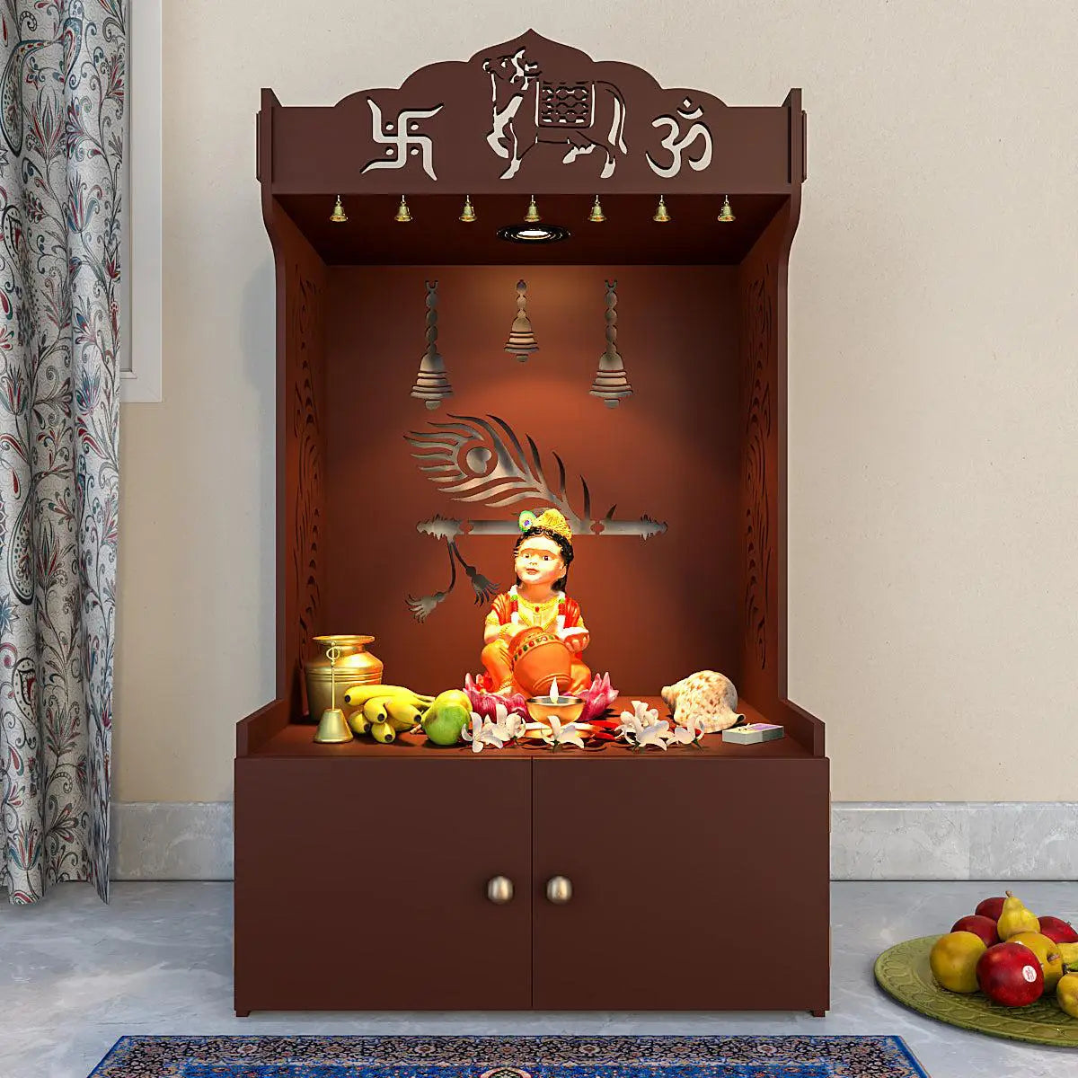 Gracious Mor Pankh Wooden Temple with Spacious Shelf & Inbuilt focus light - Brown FInish