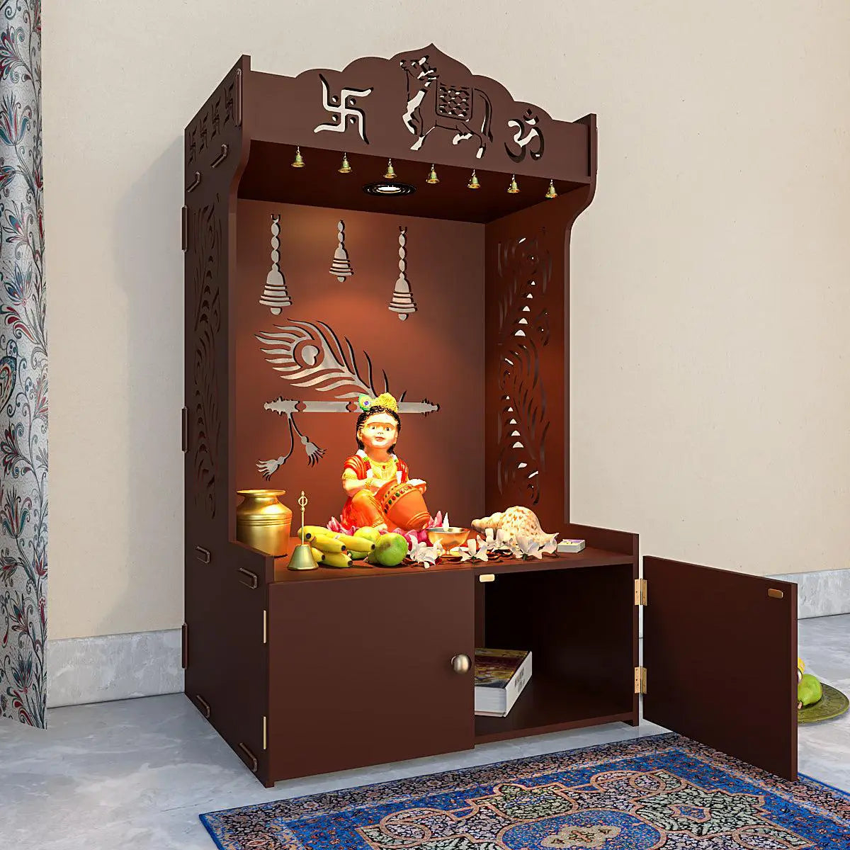 Gracious Mor Pankh Wooden Temple with Spacious Shelf & Inbuilt focus light - Brown FInish