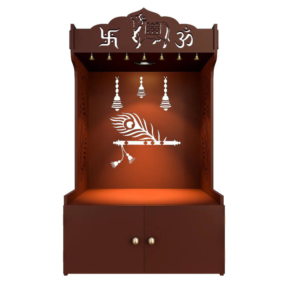 Gracious Mor Pankh Wooden Temple with Spacious Shelf & Inbuilt focus light - Brown FInish