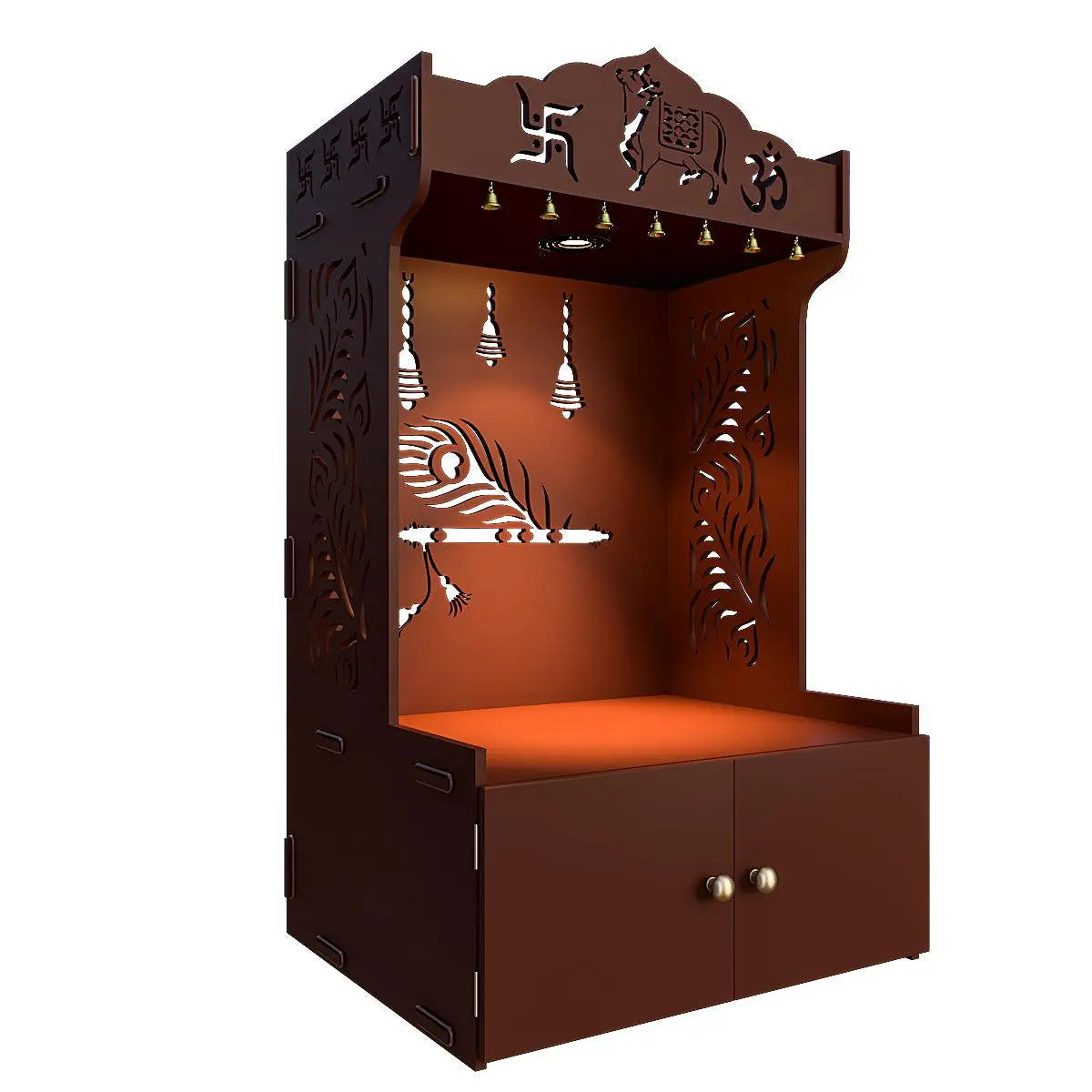 Gracious Mor Pankh Wooden Temple with Spacious Shelf & Inbuilt focus light - Brown FInish