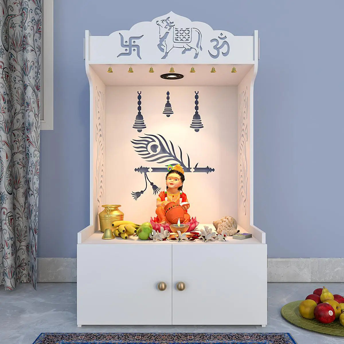 Gracious Mor Pankh Wooden Temple With Spacious Shelf & Inbuilt Focus Light - White Color