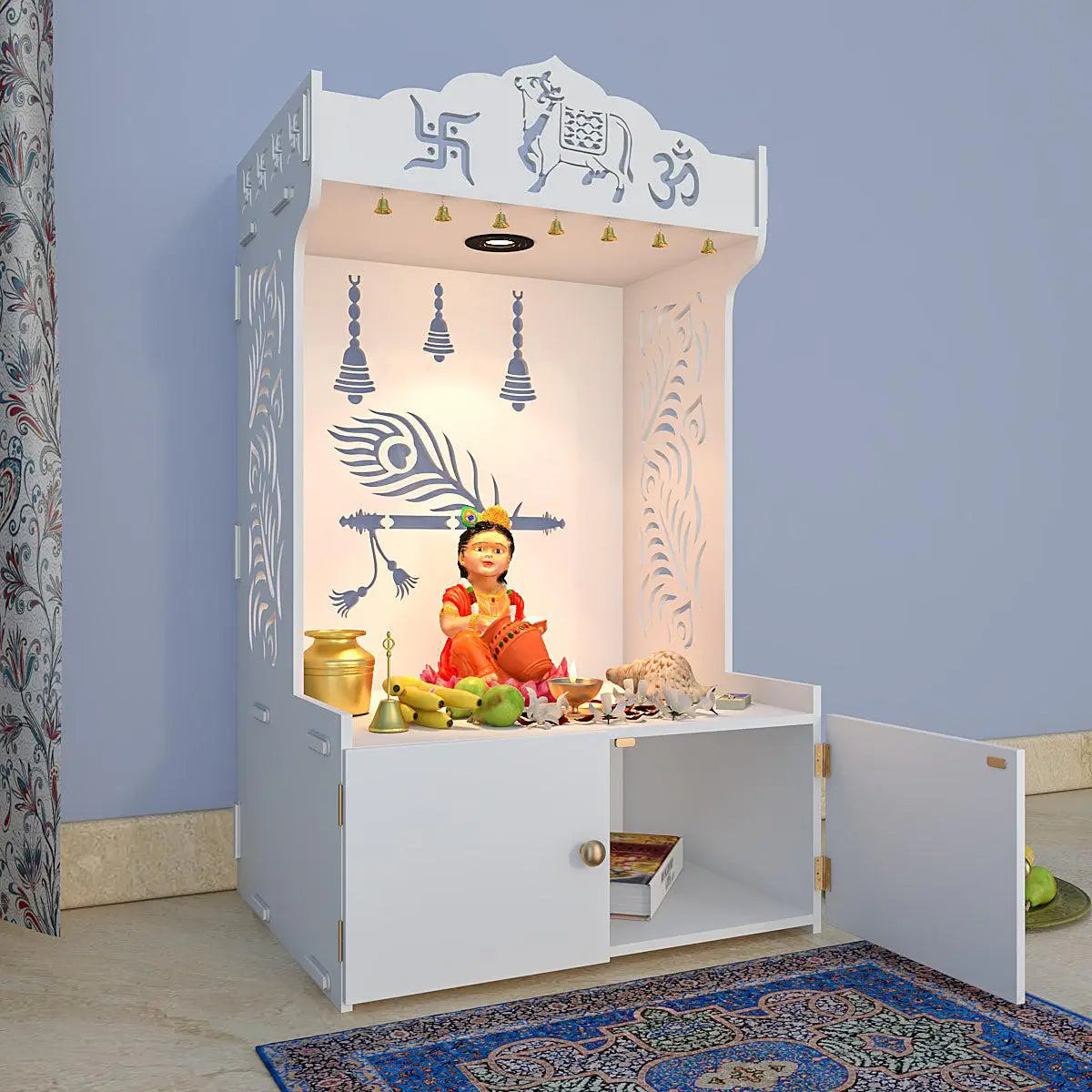 Gracious Mor Pankh Wooden Temple With Spacious Shelf & Inbuilt Focus Light - White Color