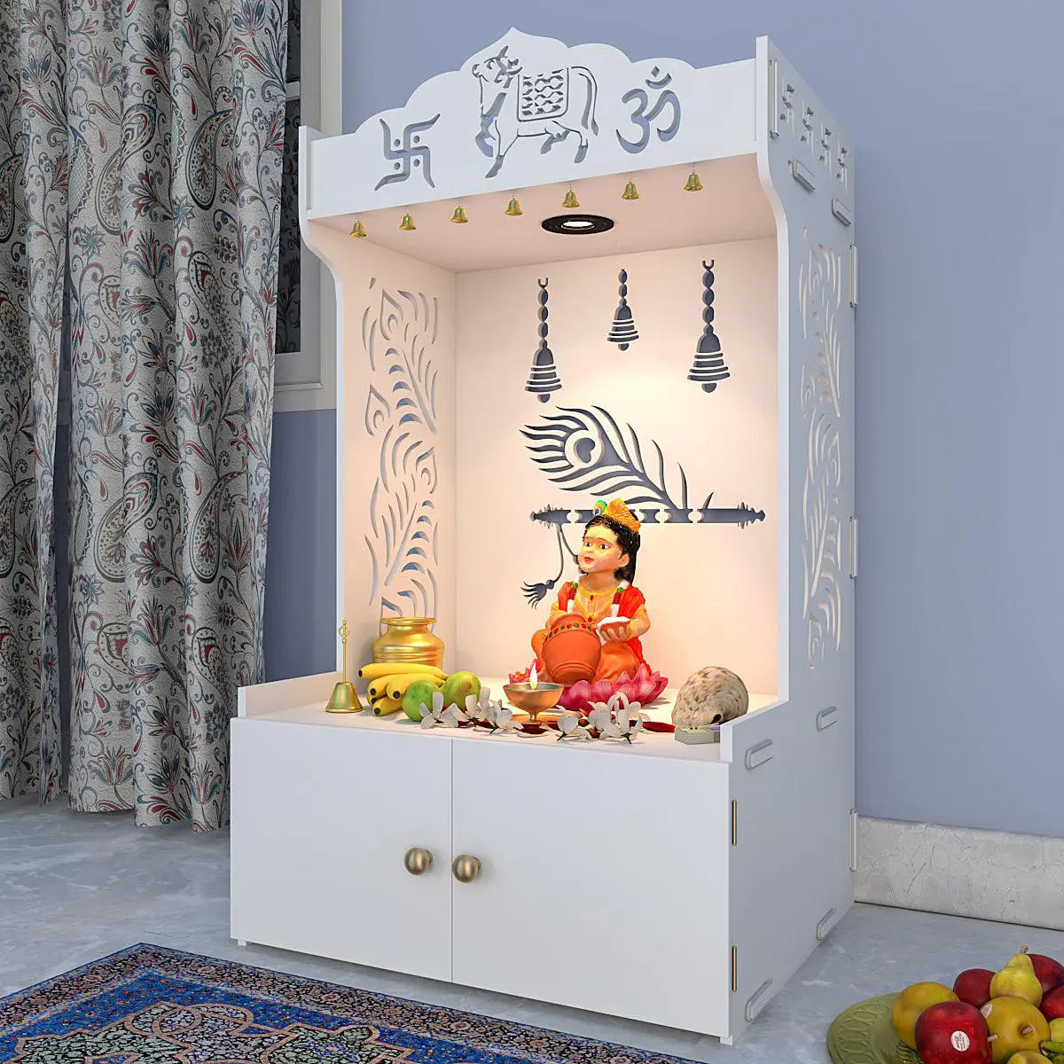 Gracious Mor Pankh Wooden Temple With Spacious Shelf & Inbuilt Focus Light - White Color